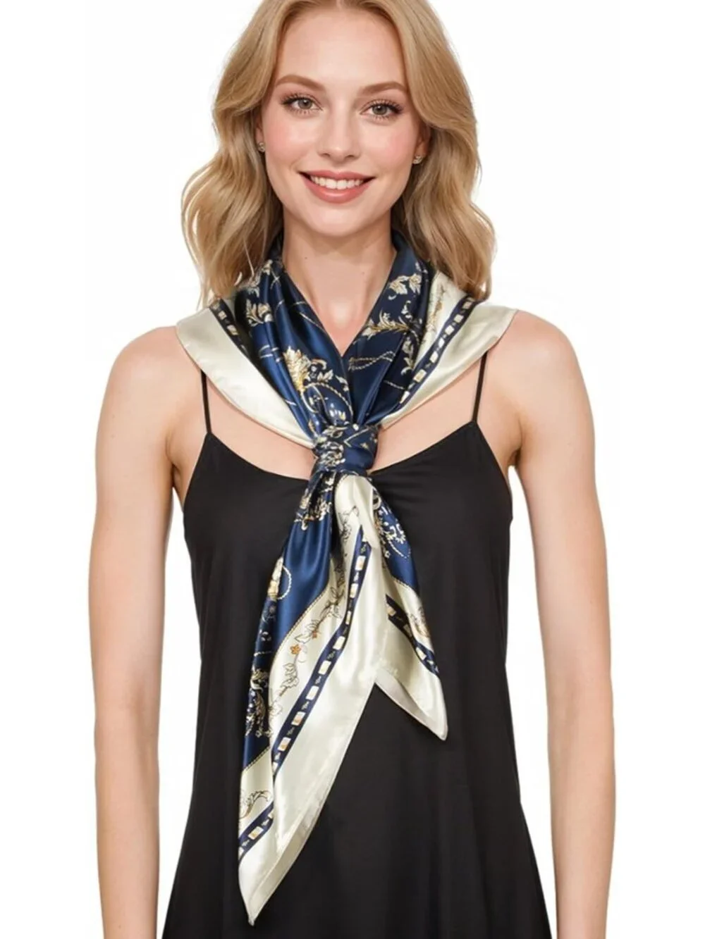 Women's Navy Beige Printed Square Scarf Bandanas Hair Scarf 35 Inches